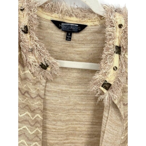 Ming Wang Womens Beige Fringed Cardigan Jacket Small Acrylic/Rayon Blend 3/4 sle - Picture 3 of 7